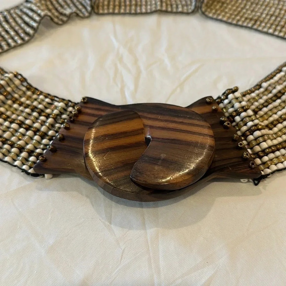 Handmade beaded belt with wooden clasp multicolor beads in brown, tan and cream - Picture 2 of 5